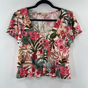 3for$20 Evolutionary Floral Pink Teal Floral V-Neck Style Crop StyleTop Size: XL